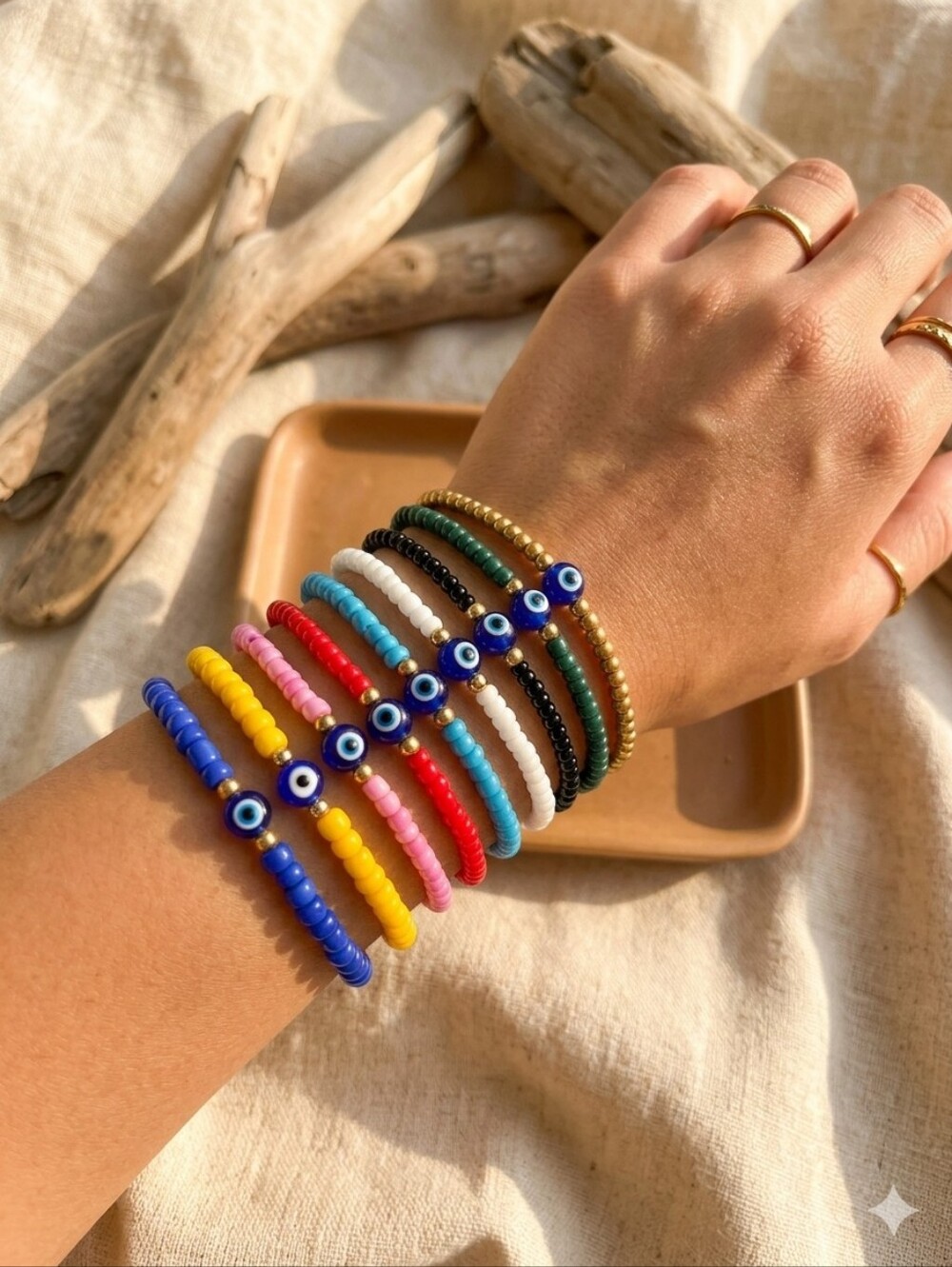 Blue Evil Eye Seed Beads Bracelets With Golden Accents- Size 6.5 Inches